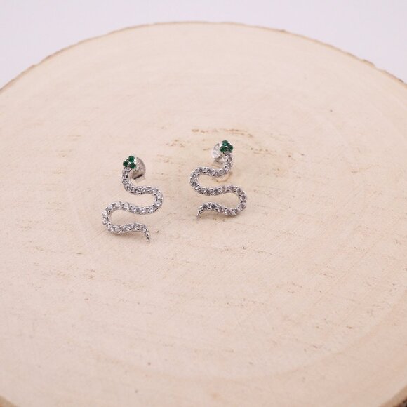 Women's Sterling Silver Snake Stud Earrings – CZ & Green Eyes Fashion Jewelry ** - Picture 7 of 11